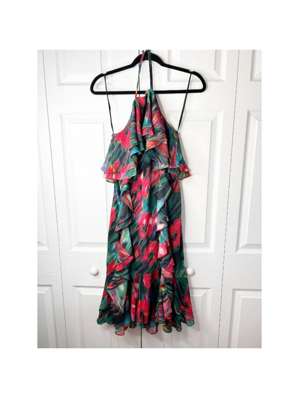 Jason Wu Blurred Floral Black Multi Ruffle Sleeveless Halter Dress Women's 0